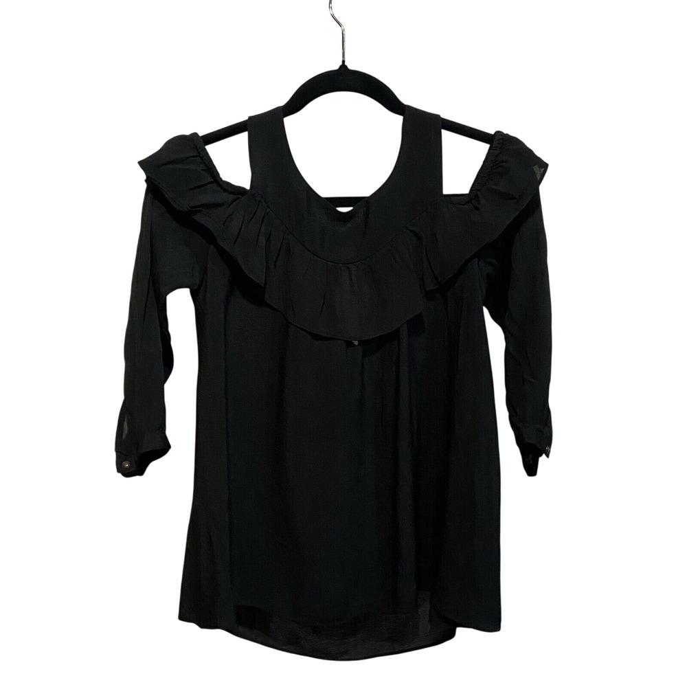 Maeve Anthropologie Black Cold Shoulder Ruffle Blouse Keyhole Back Size 6 NWOT